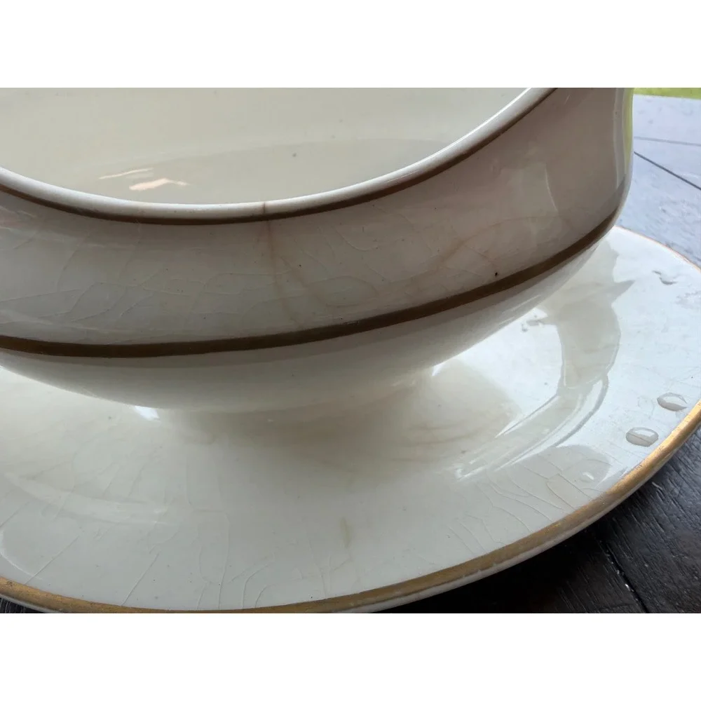 Antique Johnson Bros England Gravy Boat & Underplate Gold Trim Cream China